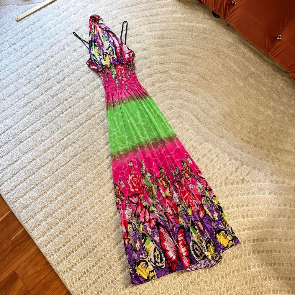 Y2K Boho Butterfly Floral Maxi Dress size XS/S Smocked Halter Tropical Festival